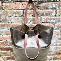 Beige - bronze leather bag. Metallic effect genuine leather shopper. Large carry all bag for your laptop, books. Dark beige leather purse.