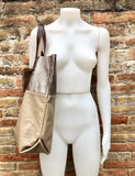 Beige - bronze leather bag. Metallic effect genuine leather shopper. Large carry all bag for your laptop, books. Dark beige leather purse.