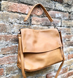 Leather bag in camel brown. Genuine leather shouder / crossbody bag in saddle brown with short + long straps. Saddle Brown leather purse