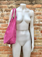 Fuchsia pink leather shopper bag in genuine suede. Slouchy pink carry all tote bag for laptops, tablets, books. Hot pink leather purse