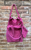 Fuchsia pink leather shopper bag in genuine suede. Slouchy pink carry all tote bag for laptops, tablets, books. Hot pink leather purse