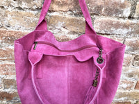 Fuchsia pink leather shopper bag in genuine suede. Slouchy pink carry all tote bag for laptops, tablets, books. Hot pink leather purse