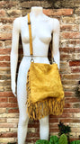 Yellow crossbody / shoulder bag. Mustard color boho suede leather bag with FRINGES. Genuine leather messenger with 2 straps. Yellow purse