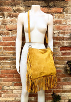 Yellow crossbody / shoulder bag. Mustard color boho suede leather bag with FRINGES. Genuine leather messenger with 2 straps. Yellow purse