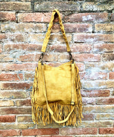 Yellow crossbody / shoulder bag. Mustard color boho suede leather bag with FRINGES. Genuine leather messenger with 2 straps. Yellow purse