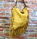 Yellow crossbody / shoulder bag. Mustard color boho suede leather bag with FRINGES. Genuine leather messenger with 2 straps. Yellow purse