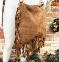 Brown crossbody / shoulder bag. Saddle brown boho suede leather bag with FRINGES. Genuine leather messenger with 2 straps. Brown suede purse