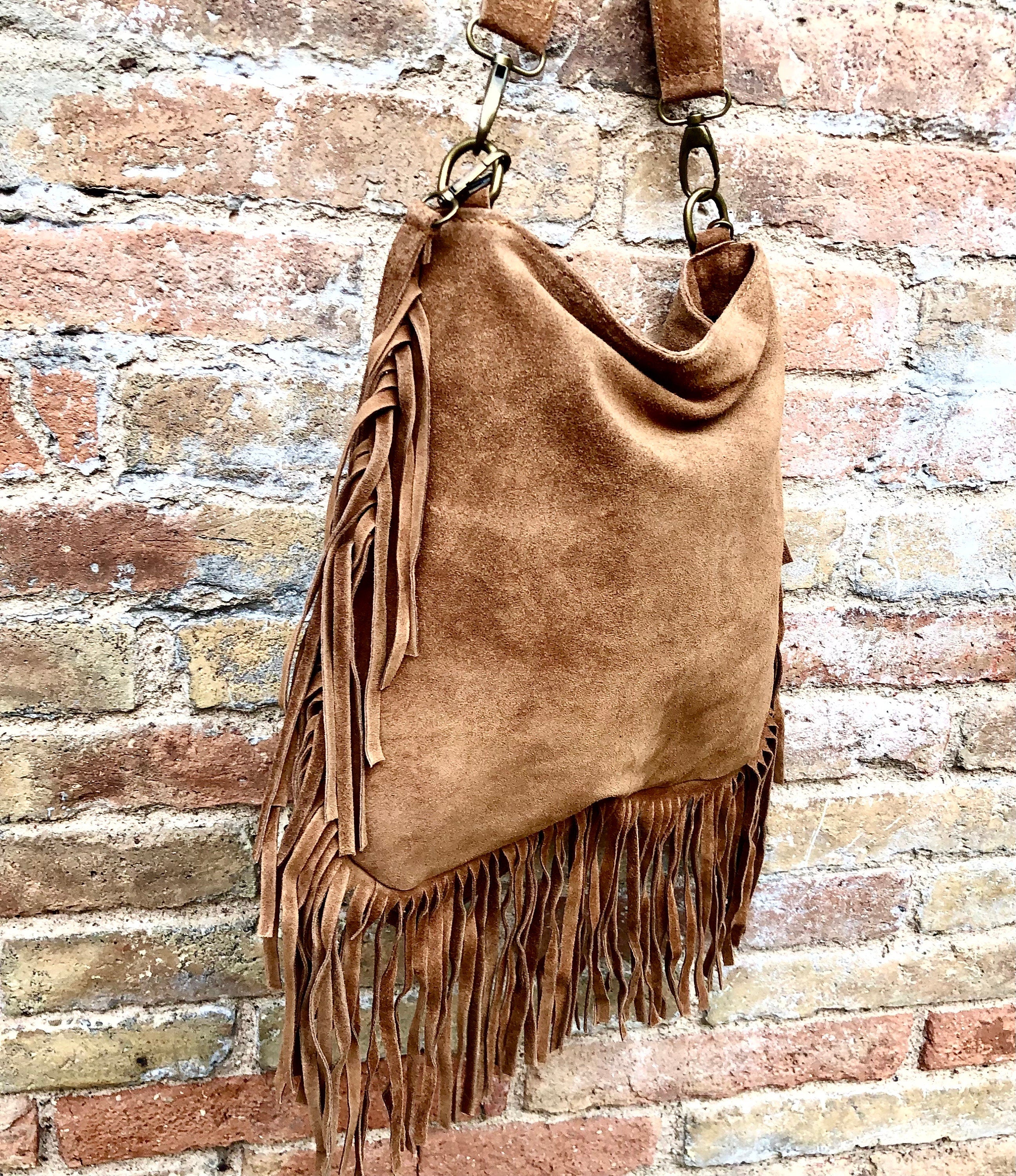 Brown crossbody / shoulder bag. Saddle brown boho suede leather bag with FRINGES. Genuine leather messenger with 2 straps. Brown suede purse