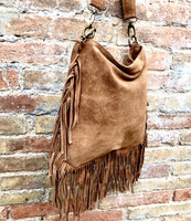 Brown crossbody / shoulder bag. Saddle brown boho suede leather bag with FRINGES. Genuine leather messenger with 2 straps. Brown suede purse