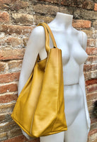 Tote leather bag in yellow. Genuine leather shopper. Large carry all bag for your laptop, books. Mustard yellow leather shoulder bag