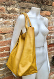 Tote leather bag in yellow. Genuine leather shopper. Large carry all bag for your laptop, books. Mustard yellow leather shoulder bag