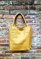 Tote leather bag in yellow. Genuine leather shopper. Large carry all bag for your laptop, books. Mustard yellow leather shoulder bag