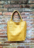 Tote leather bag in yellow. Genuine leather shopper. Large carry all bag for your laptop, books. Mustard yellow leather shoulder bag