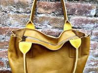 Tote leather bag in yellow. Genuine leather shopper. Large carry all bag for your laptop, books. Mustard yellow leather shoulder bag