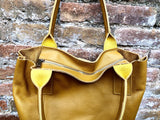 Tote leather bag in yellow. Genuine leather shopper. Large carry all bag for your laptop, books. Mustard yellow leather shoulder bag