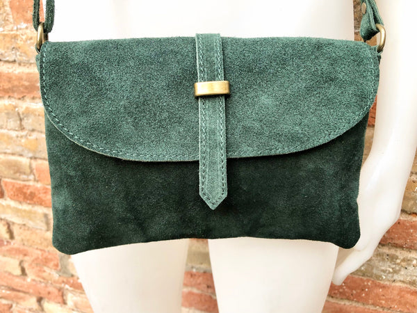 Suede leather bag in DARK GREEN. Crossbody bag in GENUINE leather.Green small leather bag with adjustable strap and zipper.