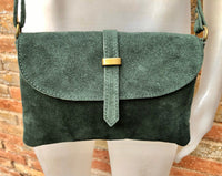 Suede leather bag in DARK GREEN. Crossbody bag in GENUINE leather.Green small leather bag with adjustable strap and zipper.