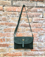 Suede leather bag in DARK GREEN. Crossbody bag in GENUINE leather.Green small leather bag with adjustable strap and zipper.