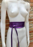 PURPLE leather OBI belt. Wide waist belt in soft genuine leather. Metallic shine wraparound belt, boho dress belt in silver color leather.