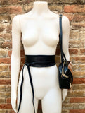 Leather bag + wrap belt set in metallic shine leather. Pink gold, beige and BLACK crosbody or shoulder bag + obi waist belt. Disco 70s purse