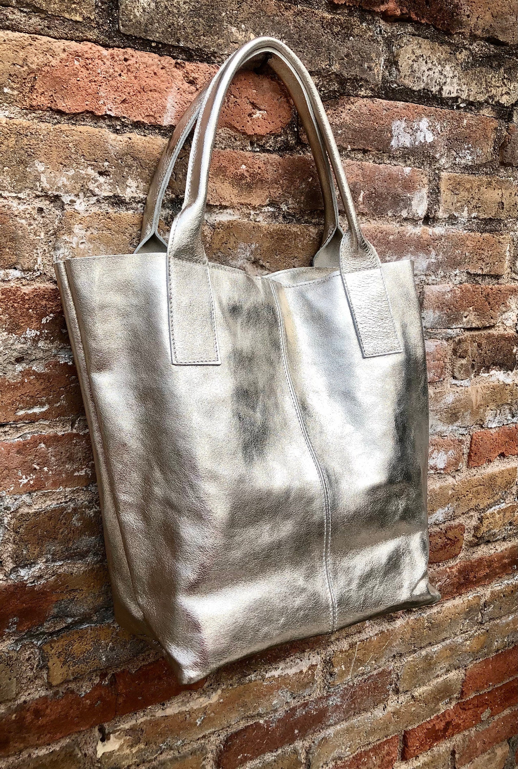 Shoulder leather bag in GOLD. GENUINE leather shopper bag. Large carry all bag for your laptop, books. Metallic effect golden leather purse