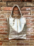 GOLD color shoulder leather bag. GENUINE leather shopper bag. Large LINED carry all bag for your laptop, books. Metallic gold leather purse