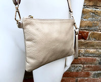 Small leather bag in BEIGE .Cross body, shoulder bag or wristlet in GENUINE leather. Golden leather bag with adjustable strap.Beige purse