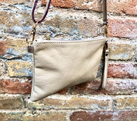 Small leather bag in BEIGE .Cross body, shoulder bag or wristlet in GENUINE leather. Golden leather bag with adjustable strap.Beige purse