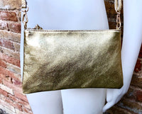 Small leather bag in GOLD .Cross body, shoulder bag or wristlet in GENUINE leather. Golden leather bag with adjustable strap. Gold purse