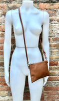 Small leather bag in camel brown. GENUINE leather crossbody / shoulder bag.Brown leather bag with GOLD hardware. Tobacco brown purse