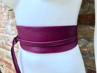 PLUM purple obi belt in soft leather. Wrap belt in purple-burgundy. Wide waist belt in genuine leather. Wraparound belt. Wine red boho sash