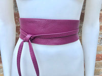 PLUM purple obi belt in soft leather. Wrap belt in purple-burgundy. Wide waist belt in genuine leather. Wraparound belt. Wine red boho sash