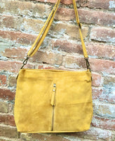 Mustard yellow suede leather bag. Boho messenger bag. GENUINE LEATHER Cross body or shoulder bag. Yellow suede leather purse with zipper