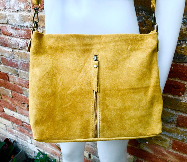 Mustard yellow suede leather bag. Boho messenger bag. GENUINE LEATHER Cross body or shoulder bag. Yellow suede leather purse with zipper