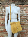 Mustard yellow suede leather bag. Boho messenger bag. GENUINE LEATHER Cross body or shoulder bag. Yellow suede leather purse with zipper