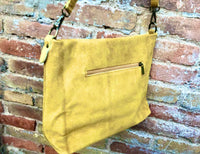 Mustard yellow suede leather bag. Boho messenger bag. GENUINE LEATHER Cross body or shoulder bag. Yellow suede leather purse with zipper