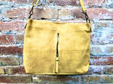 Mustard yellow suede leather bag. Boho messenger bag. GENUINE LEATHER Cross body or shoulder bag. Yellow suede leather purse with zipper