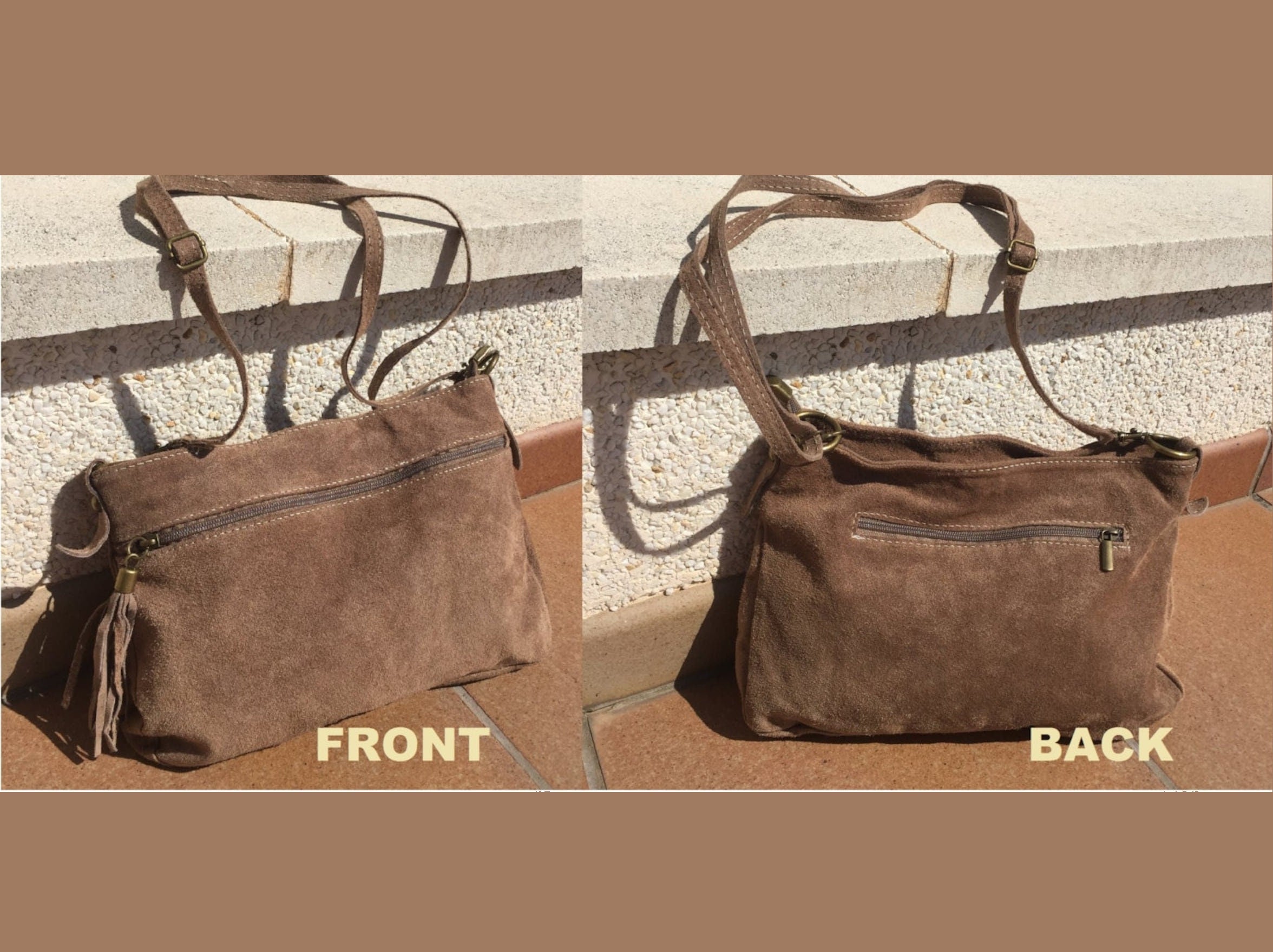 BOHO suede leather bag in TAUPE. Soft natural leather bag with tassels, crossbody bag with adjustable straps. Boho, festival or casual bag