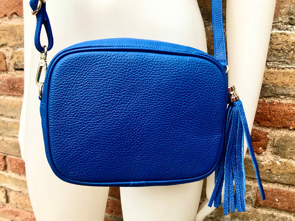 COBALT BLUE small leather bag . Cross body / shoulder bag in GENUINE leather. Royal blue leather purse. Tassel on the zipper . Gold accents