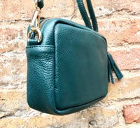 Small leather green bag. GENUINE leather shoulder or cross body bag. Dark green leather purse with tassels, adjustable strap and zipper