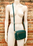 Small leather green bag. GENUINE leather shoulder or cross body bag. Dark green leather purse with tassels, adjustable strap and zipper