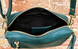 Small leather green bag. GENUINE leather shoulder or cross body bag. Dark green leather purse with tassels, adjustable strap and zipper