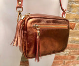 Small leather bag in copper. GENUINE leather shoulder or cross body bag. Metallic shine copper purse, adjustable strap and zipper