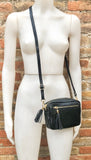 Small leather bag in black. GENUINE leather shoulder or cross body bag. Black leather purse with adjustable strap and zippers. Gold hardware