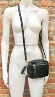 Small leather bag in black. GENUINE leather shoulder or cross body bag. Black leather purse with adjustable strap and zippers. Gold hardware