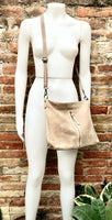 Beige suede leather bag. Boho messenger bag. GENUINE LEATHER Cross body or shoulder bag. Beige suede leather purse with zipper