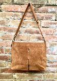 Camel brown leather bag. Boho messenger bag. GENUINE LEATHER Cross body or shoulder bag. Saddle brown suede leather purse with zipper