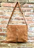 Camel brown leather bag. Boho messenger bag. GENUINE LEATHER Cross body or shoulder bag. Saddle brown suede leather purse with zipper