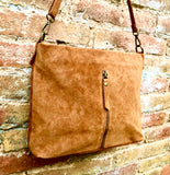 Camel brown leather bag. Boho messenger bag. GENUINE LEATHER Cross body or shoulder bag. Saddle brown suede leather purse with zipper