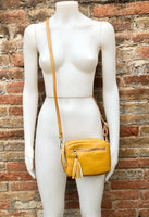 Small leather yellow bag. GENUINE leather shoulder or cross body bag. Mustard yellow leather purse with tassels, adjustable strap and zipper